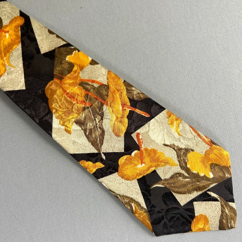 Pierre Balmain Paris Mens Tie MCM Retro Hibiscus Floral Art Deco Swing Checkered